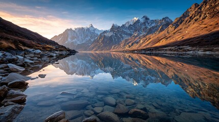 Obraz premium Mountain lake reflection with snow-capped peaks
