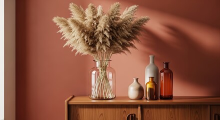 Stock Photo of wine bottle and glass on a wooden table in a luxury kitchen interior