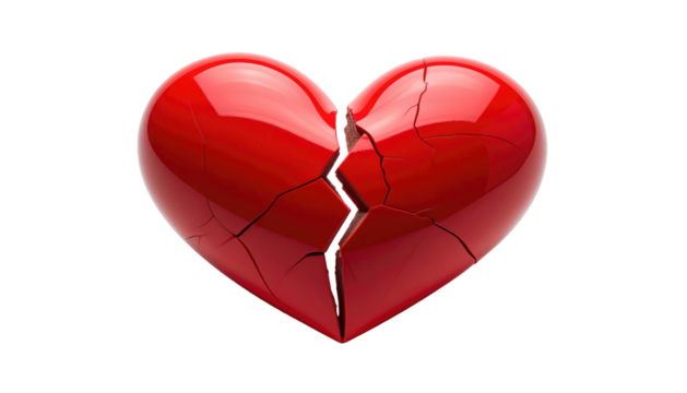 Shiny red heart is fractured in two, the cracks running down the center against a black background for contrast