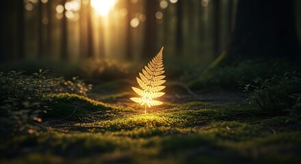 Glowing fern leaf in mystical forest light
