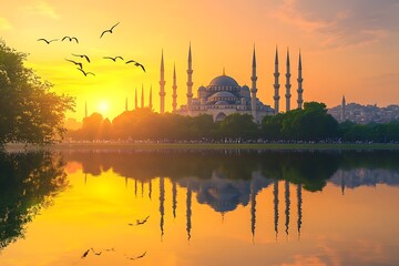 Fototapeta premium Turkey Landmark Blue Mosque Reflection in Lake, Birds Silhouetted Against Setting Sun