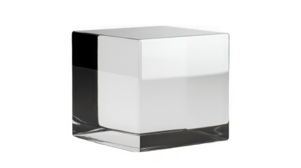 A minimalist white cube with a transparent base sitting on a black reflective surface isolated