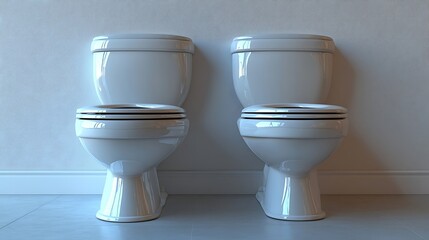 Two Glossy White Ceramic Toilets Adjacent Against White Wall and Tile Floor