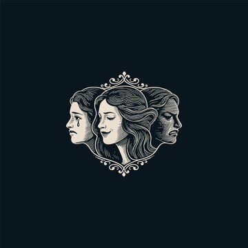 illustration depicting three female faces within an ornate vintage frame, each expressing a different emotion: sorrow (crying), joy (smiling/serene), and anger (frowning)