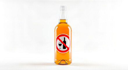 Bottle of alcohol with a prominent no drinking symbol, conveying the message against alcoholism, set against a clean, minimalistic background emphasizing the importance of sobriety
