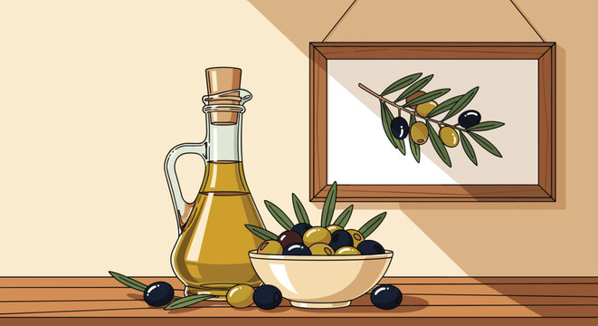 A still life composition featuring a bottle of olive oil, a bowl of olives, and a framed painting of an olive branch.