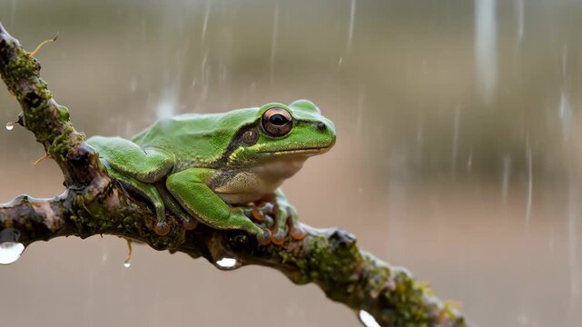 Green Tree Frog in the Rain - A Serene Wildlife Moment.