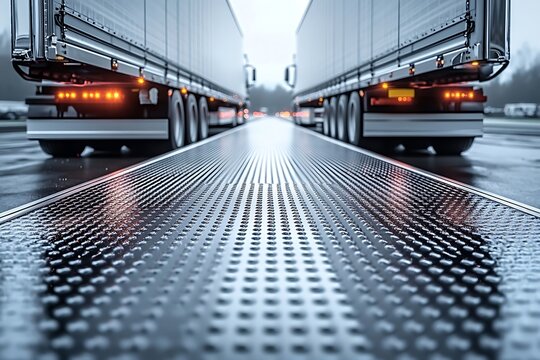 Two White Semi Trucks on Metal Surface on Wet Road with Lights and Metallic Bodies
