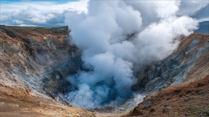 Volcano crater emitting thick geothermal steam with rocky terrain under cloudy sky creating dramatic natural landscape scene