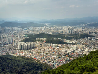 Daegu City, South Korea, September 26, 2025: Daegu Whole City View from Apsan Observatory after using Apsan Cable Car for City Panorama View with Apartments, Buildings, Mountains 대구 도시 전경 앞산 전망대 케이블카
