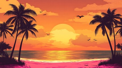 Warm Beach Sunset With Palm Trees, Birds Flying Over the Calm Ocean and Golden Sunlight