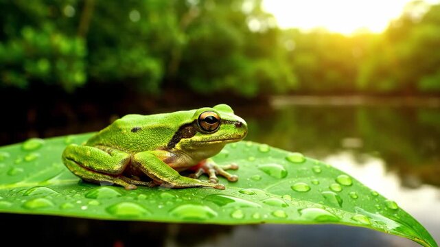 Green frog resting on a leaf with water droplets near a lake.