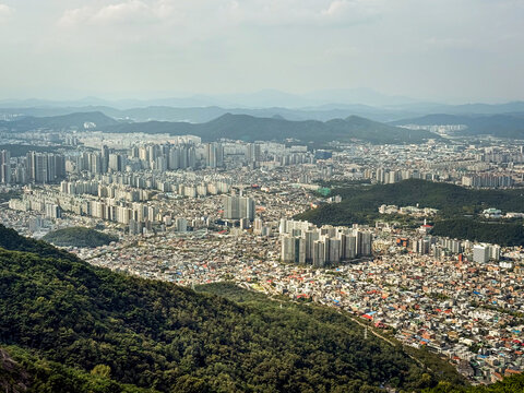 Daegu City, South Korea, September 26, 2025: Daegu Whole City View from Apsan Observatory after using Apsan Cable Car for City Panorama View with Apartments, Buildings, Mountains 대구 도시 전경 앞산 전망대 케이블카
