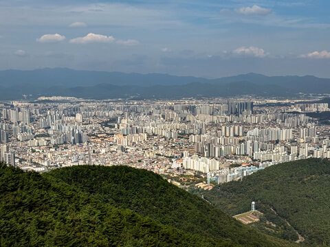 Daegu City, South Korea, September 26, 2025: Daegu Whole City View from Apsan Observatory after using Apsan Cable Car for City Panorama View with Apartments, Buildings, Mountains 대구 도시 전경 앞산 전망대 케이블카
