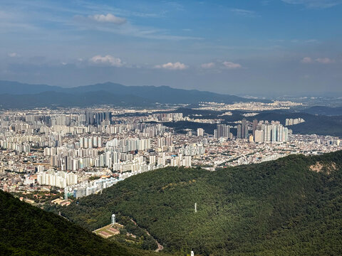 Daegu City, South Korea, September 26, 2025: Daegu Whole City View from Apsan Observatory after using Apsan Cable Car for City Panorama View with Apartments, Buildings, Mountains 대구 도시 전경 앞산 전망대 케이블카
