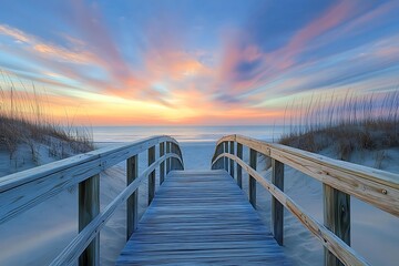 Wooden Boardwalk Leading to Beach at Sunrise with Pink Sky and Sand Dunes