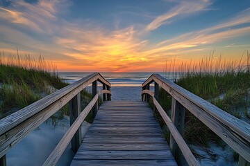 Fototapeta premium Wooden Boardwalk Path to Beach at Sunset with Colorful Sky and Dune Grass