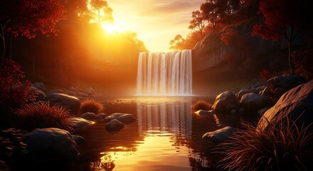 Waterfall glowing in warm golden sunset light