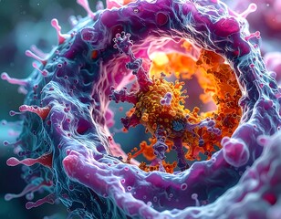 Intricate, microscopic view of a biological structure with multiple colors