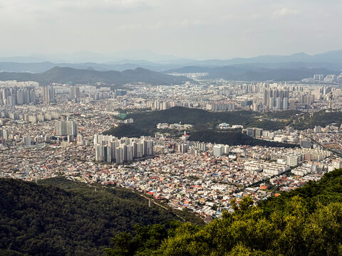 Daegu City, South Korea, September 26, 2025: Daegu Whole City View from Apsan Observatory after using Apsan Cable Car for City Panorama View with Apartments, Buildings, Mountains 대구 도시 전경 앞산 전망대 케이블카
