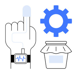 Hand with a wearable smartwatch tracking health stats, blue gear icon symbolizing automation, and a sealed jar for sustenance. Ideal for technology, healthcare, wellness, innovation, food