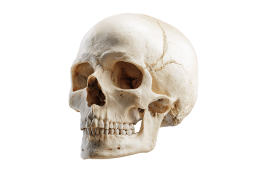 Detailed Human Skull Anatomy Bone Structure in Cream Color on Transparent Backdrop Medical Forensic Science or Halloween Theme Still Life, PNG