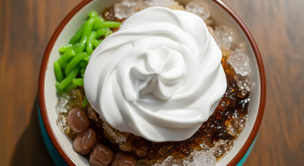 Bowl of cendol dessert with ice, jelly, and coconut cream.