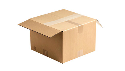 Open, empty cardboard box with tape closures, angled view, isolated on black background, showing inside flap