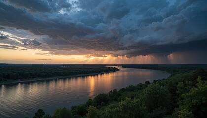 At dusk, stormy clouds form above the river, producing a striking scene.