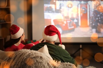 Family in Santa hats watching Christmas movie on projector screen at home, back view