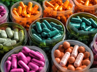 Colorful pills and capsules in plastic jars, close-up