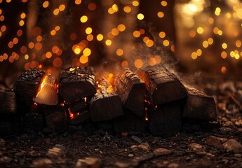 Cozy fire burns brightly with blurred bokeh lights behind