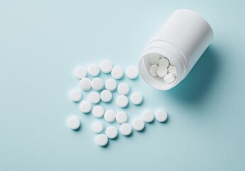 White pills spill from a bottle on light blue surface