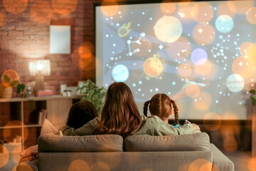 Cute girls with their mother watching cartoons on projector screen at home in evening, back view
