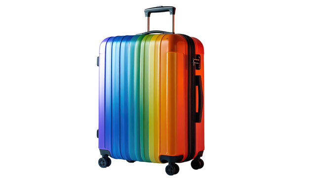 Rainbow-striped hard-shell suitcase stands on a black background, showcasing vibrant colorful stripes