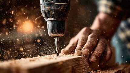 Skilled carpenter meticulously drills into wood, creating sawdust clouds in a rustic workshop atmosphere, showcasing hands-on craftsmanship and dedication.