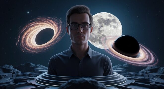 Person with space themed background, cosmic objects & celestial landscape