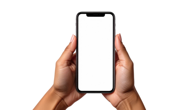 Pair of tan hands holding a black smartphone with a blank white screen against a solid black background