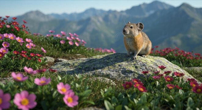 Pika on mountain rock, surrounded by pink flowers, peaks blur in distance