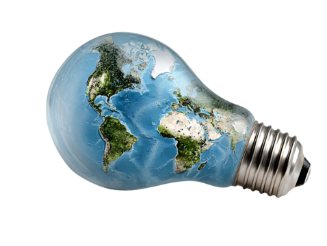 Earth Globe Inside Light Bulb on Transparent Background Conceptual Image of Environmental Awareness and Sustainable Energy Resources, PNG