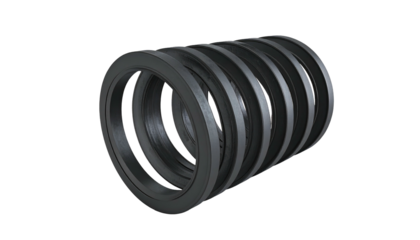 A dark gray helical spring coil, angled against a black backdrop. Industrial feel, clean lines