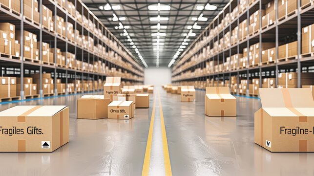 Vast modern warehouse with high shelves packed with cardboard boxes, central aisle, and packages on floor, showcasing logistics and inventory - Powered by Adobe