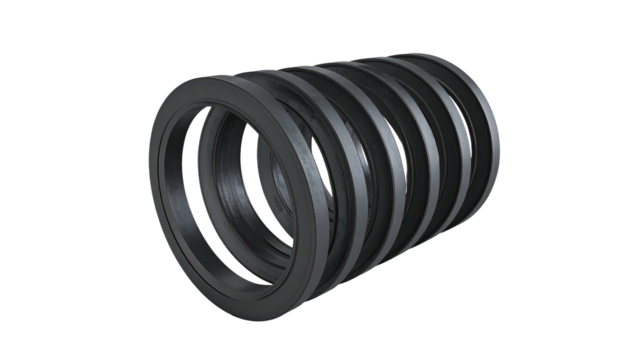 A dark gray helical spring coil, angled against a black backdrop. Industrial feel, clean lines