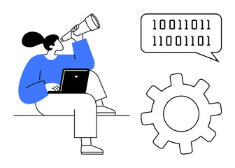 Woman holding a telescope, sitting with a laptop, a gear symbol, and a speech bubble with binary code. Ideal for technology, programming, innovation, analytics, vision problem-solving simple flat