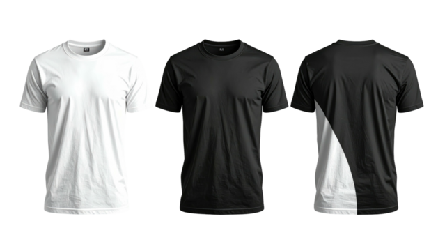 Three t-shirts in a row one white, one black, and one with white/black contrasting panels