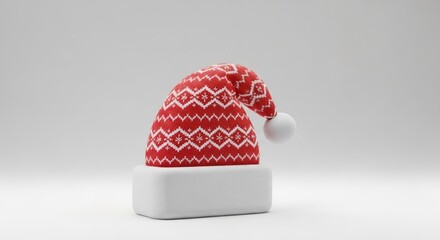 Red Christmas hat with geometric pattern and white pom-pom, sitting on white block