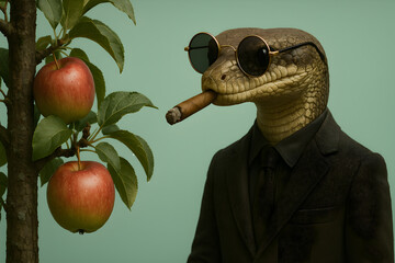 tempted Adam and Eve, mafia-looking snake wearing sunglasses and smoking a cigarette