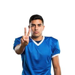 Fototapeta premium Serious young Hispanic man in a blue sports jersey making a peace sign or showing the number two with his fingers against a transparent background.