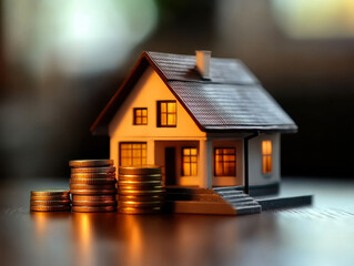 A miniature house model surrounded by stacks of coins on a table