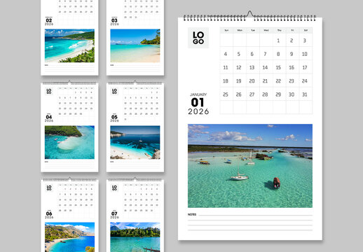 Wall Calendar 2026 Template with Beach Photography Design